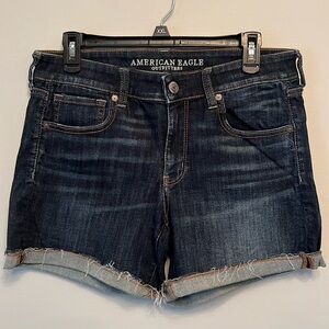 American Eagle • Dark wash cuffed mid rise shorts